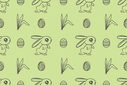 Seamless hand-drawn pattern of rabbits and eggs on a green background vector