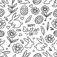 Seamless hand-drawn pattern of rabbits, bunny, eggs, hearts, flowers, and leaves on a white  background. vector