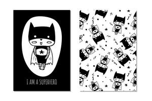 saludo tarjeta con dibujos animados superhéroe en negro traje. vector