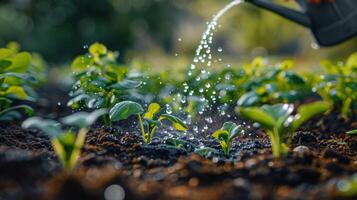 ai generado planta con agua gotas de cerca foto