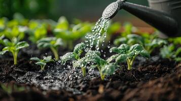 ai generado planta con agua gotas de cerca foto