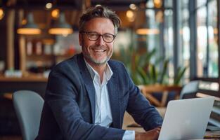 AI generated Man Sitting at Table With Laptop photo