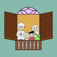 cute muslim family greeting behind the window vector