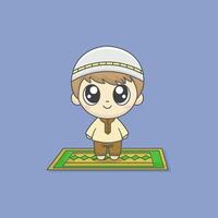 cute cartoon a muslim boy is standing on the prayer mat vector