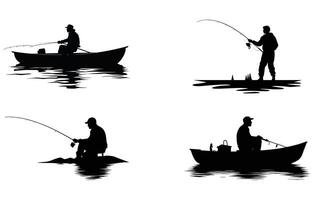 Fisherman vector silhouettes, Set of silhouette fisherman. Collection of fishing man on the waves and of the boat