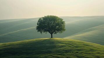 ai generado solitario árbol en lozano verde ladera foto