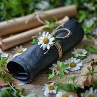 ai generado rodar de papel atado a negro papel rodeado por flores foto