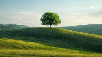 ai generado solitario árbol en lozano verde ladera foto