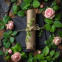 AI generated Roll of Paper Tied to Black Paper Surrounded by Flowers photo