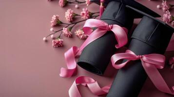 AI generated Two Graduation Caps With Pink Ribbons On Pink Background photo