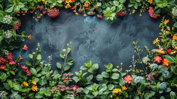 ai generado manojo de flores en el medio de un pared foto