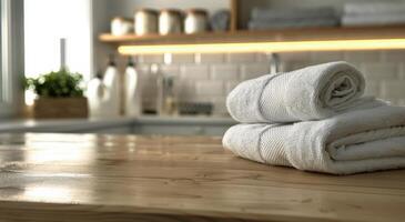 AI generated Stack of Towels on Wooden Table photo