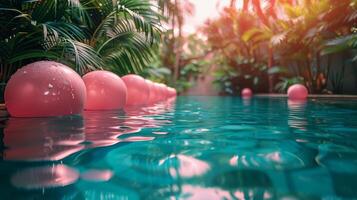 ai generado rosado Gafas de sol en palma árbol por piscina foto