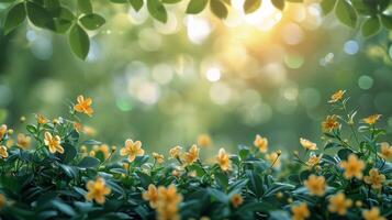 AI generated Yellow Background With Green Leaves and Yellow Flowers photo