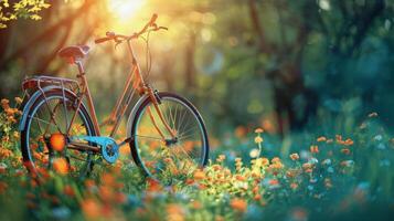 ai generado bicicleta estacionado en campo de flores foto