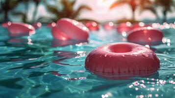 ai generado rosado Gafas de sol en palma árbol por piscina foto