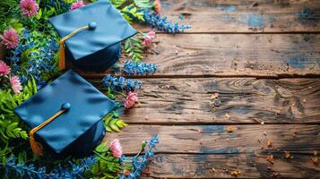 AI generated Two Blue Graduation Caps on Wooden Table photo