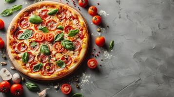 AI generated Pepperoni and Basil Pizza on Black Surface photo