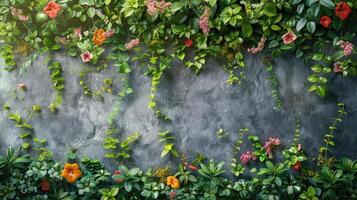 ai generado manojo de flores en el medio de un pared foto