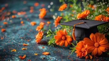 AI generated Two Blue Graduation Caps on Wooden Table photo