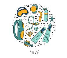 Scuba diving set of elements  and equipment. vector