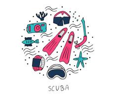 Scuba diving set of elements  and equipment. vector