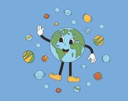 Earth cartoon character waving his hand in retro style. Smiling our planet character in universe cosmos. Vector illustration.