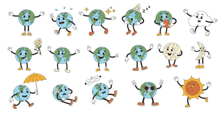 Earth sun, moon and cloud characters in rubber hose style. Retro planet mascots set isolated on white background. Vector illustration.