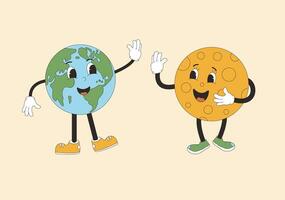 Moon and Earth cartoon characters give five each other in retro style. Smiling comic characters waving their hands. Vector illustration.