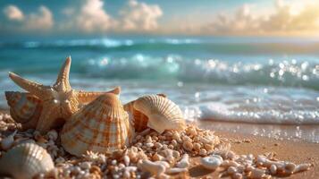 AI generated Seashells and Starfish Painting on Beach photo