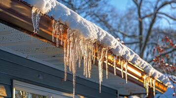 ai generado cubierto de nieve calle con casa en antecedentes foto