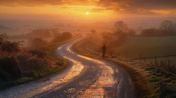 ai generado suciedad la carretera corte mediante lozano verde campo foto