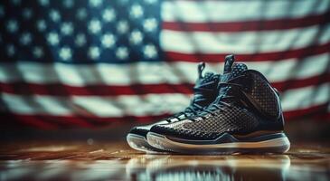 ai generado negro y blanco zapatillas en frente de americano bandera foto