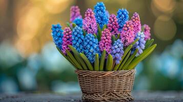 ai generado cesta lleno con púrpura y azul flores foto