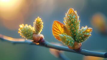 AI generated Two Leaves Close Up on Branch photo