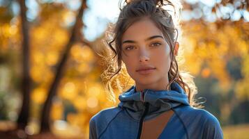 AI generated Woman in Blue Jacket Standing in Front of Tree photo