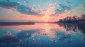 AI generated Majestic Sunset Over Lake With Tall Grass photo