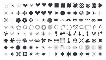 Y2k elements set. Collection of different shapes for design. Hearts, stars, flowers and abstract geometric forms. Vector figures isolated on white background illustration.