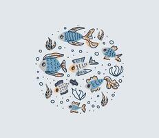 Vector fish collection isolated in doodle style.