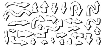 Vector set of arrows isolated on white background. Collection of direction signs. Hand drawn design elements. Left, right, down, up, forward pointers.