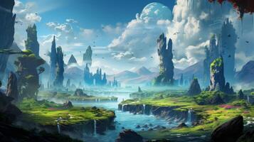 AI generated Surreal landscape with floating islands and cascading waterfalls, a fantasy concept photo