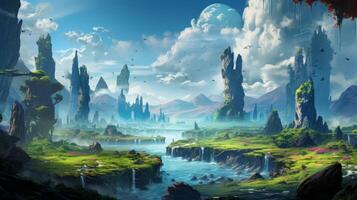 AI generated Surreal landscape with floating islands and cascading waterfalls, a fantasy concept photo