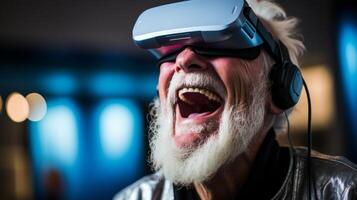 AI generated Excited senior man experiencing virtual reality, a new perspective photo