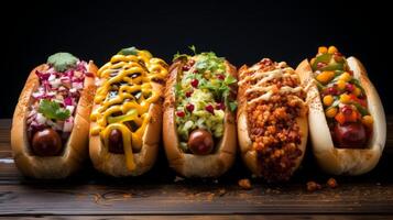 AI generated Hot dogs with various toppings, a quintessential American cookout dish photo