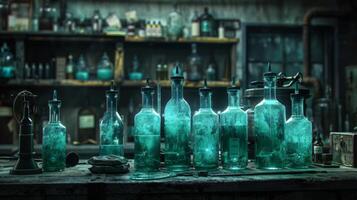 AI generated Mysterious glowing chemical vials in a shadowy lab photo