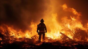 ai generado silueta de un bombero en acción, luchando un infierno foto