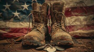 ai generado de soldado botas y perro etiquetas en un americano bandera antecedentes foto