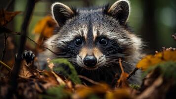 ai generado de cerca de un mapache cara en el bosque, atractivo fauna silvestre encuentro foto