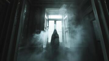 AI generated Ghostly figure seen through the misty windows of a rundown Victorian home photo