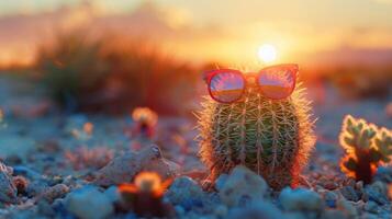 AI generated Cactus wearing sunglasses in the desert at sunset photo